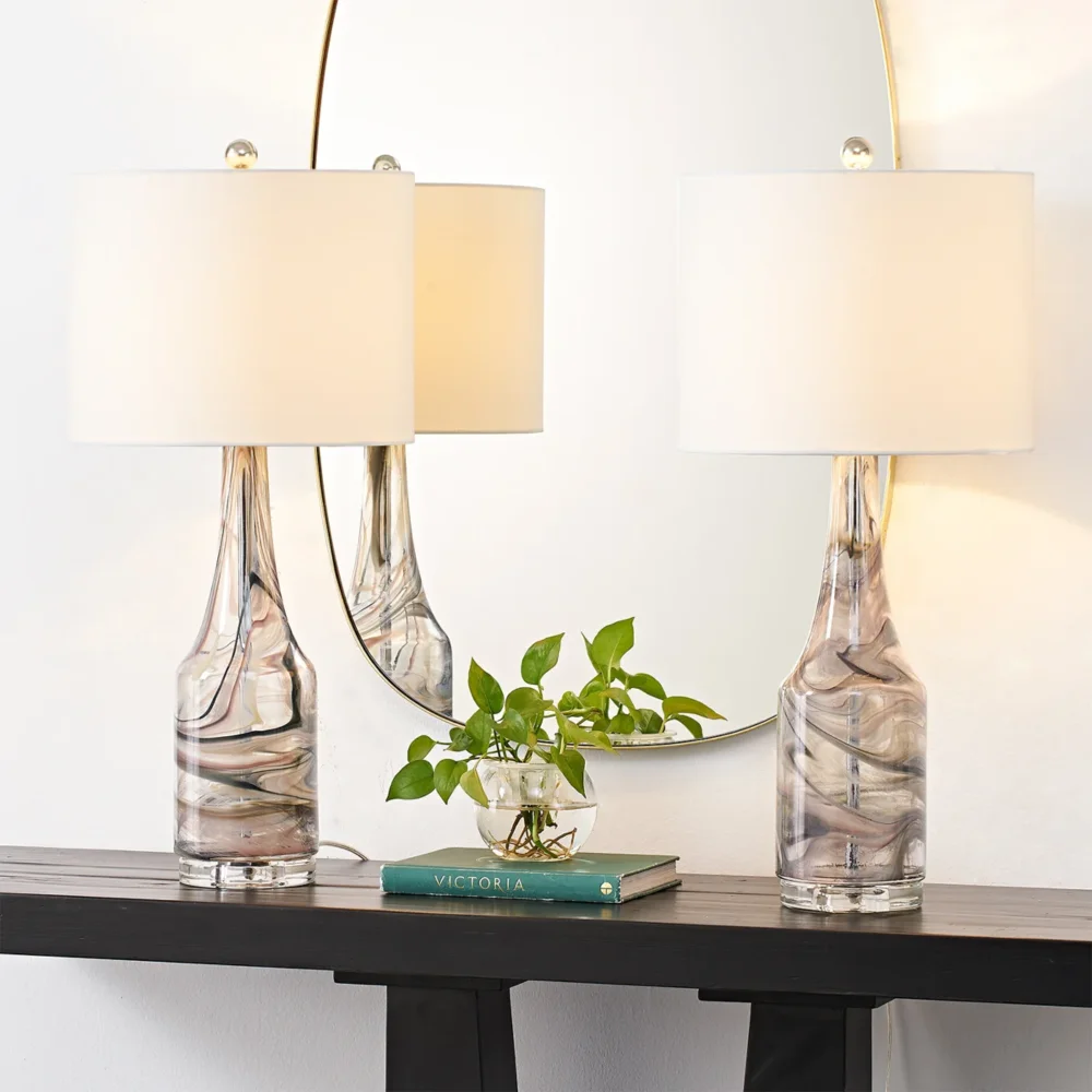 29'' Glass Table Lamp Set of 2, 3-Way Dimmable Bedside Lamp with Colored Threaded Lamp Body and Crystal Base, Decor Night Light for Bedroom Living Room Office Study