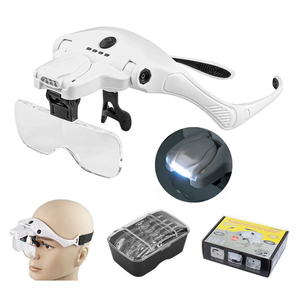 Hands Free Rechargeable 4 LED Light Magnifier Jewelry Glasses Watch Camera Repaire Tatto Carving Weave Reading Magnifying 5 Lens