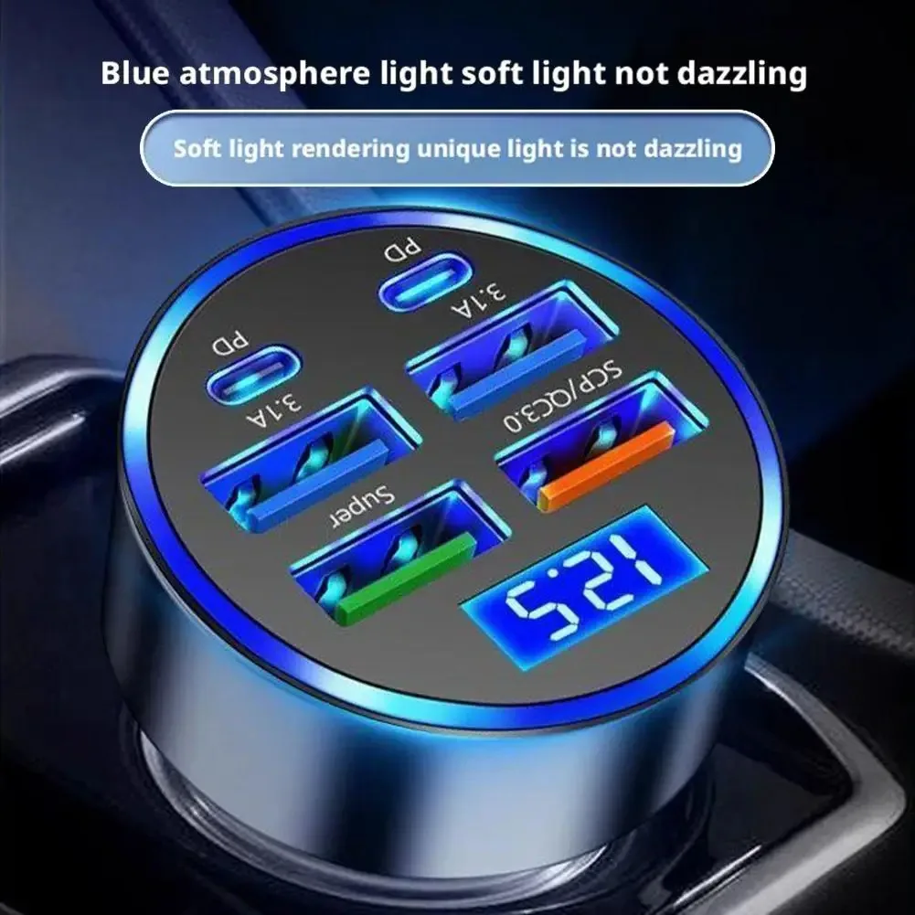 300W PD Car Charger QC3.1 Fast Charge 4USB+2PD Ports Car Cigarette Lighter Plug Car Charger Flash Charge with Digital Display