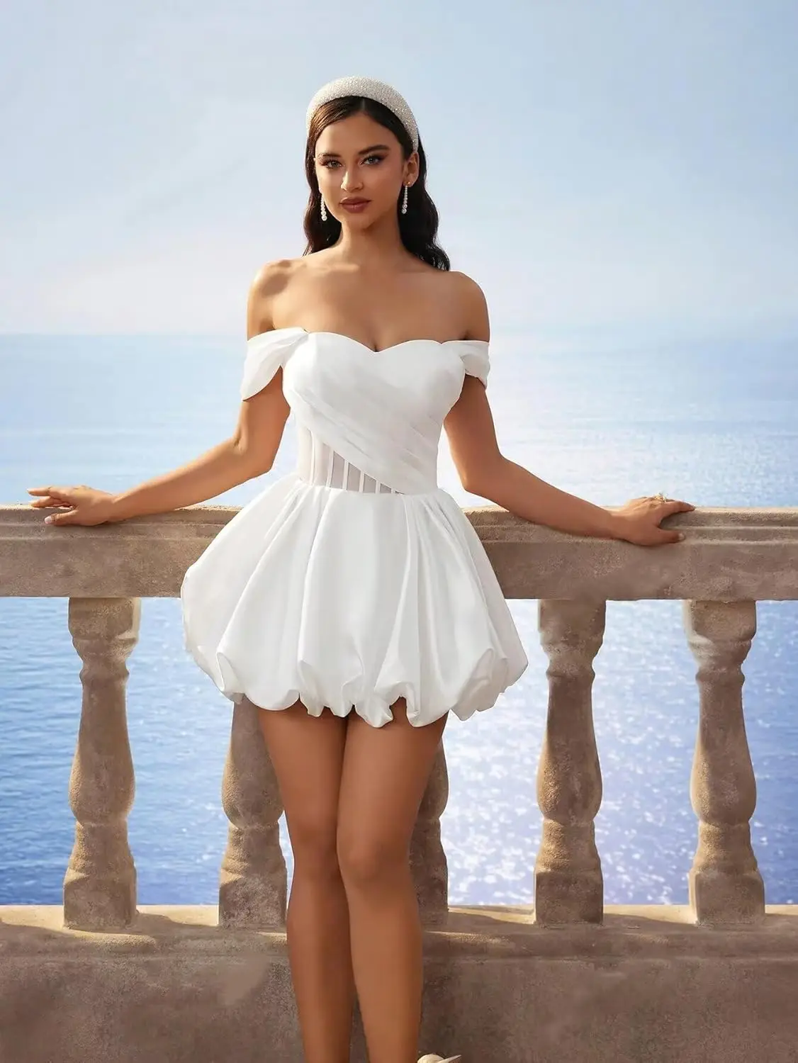 オフショルダー バブル ホームカミングドレス Aライン プリーツ HOCOドレス ショートドレス 結婚式用 プロムドレス 卒業式ドレス