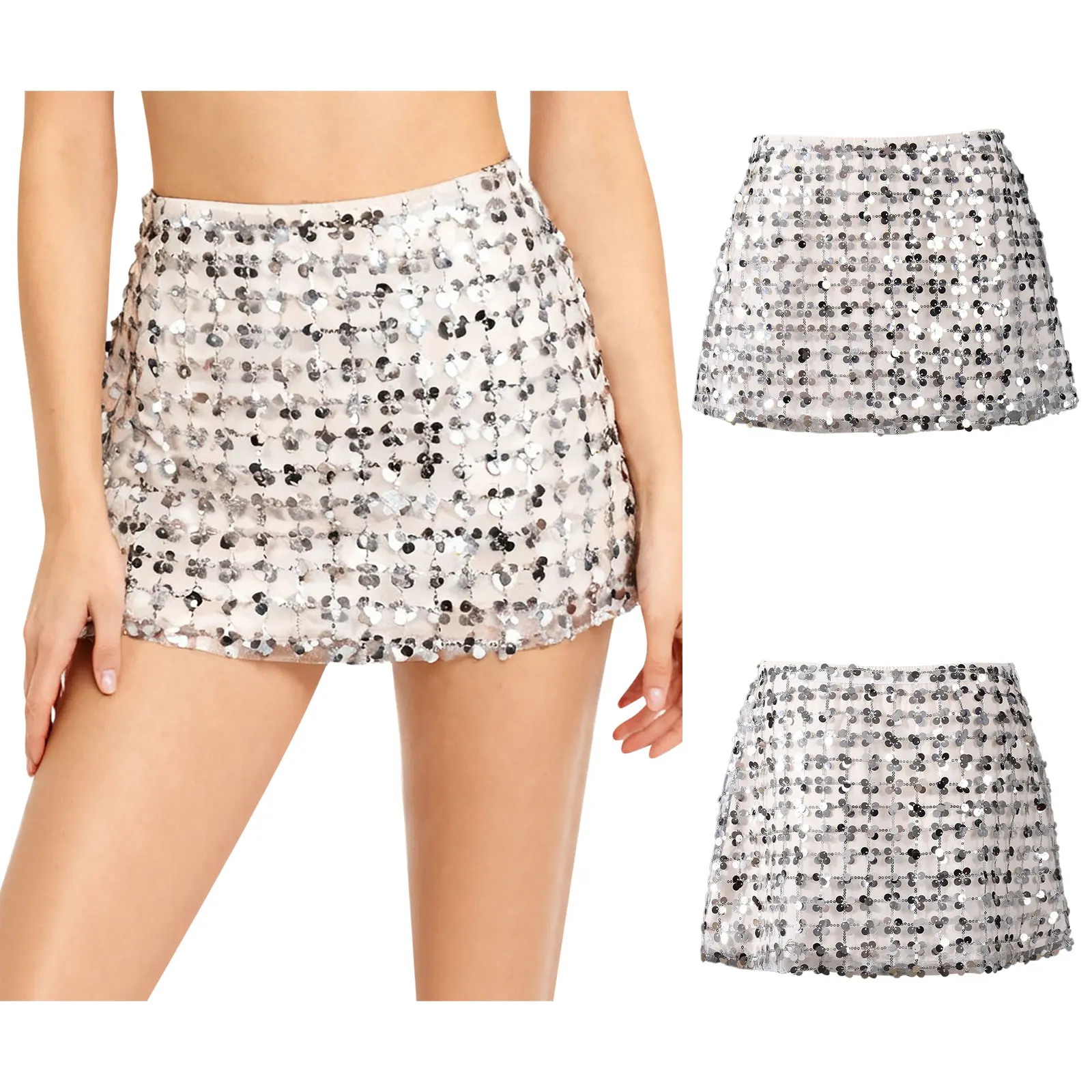 Mini-jupes à paillettes scintillantes Y2K pour femmes, vêtements de danse Rave en maille, doublure entièrement, fermeture éclair latérale, jupe trapèze pour fête d'anniversaire, boîte de nuit