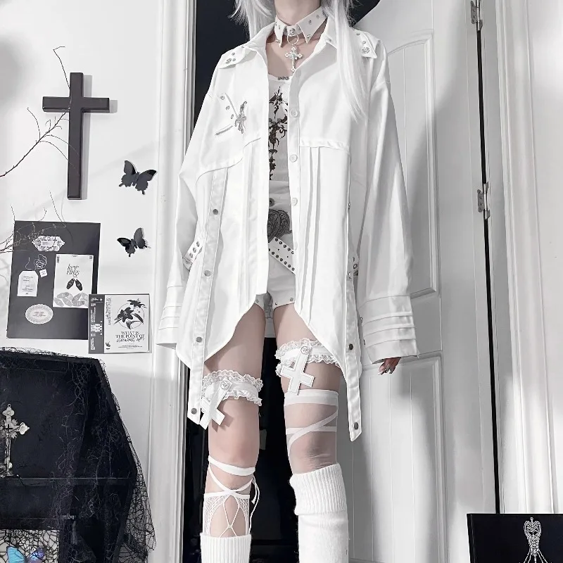 Japanese Rojita Deconstructed Design Sense Blusas Fashion Tie Metal Versatile Shirt Single-Breasted Long Sleeves Blouse Jacket