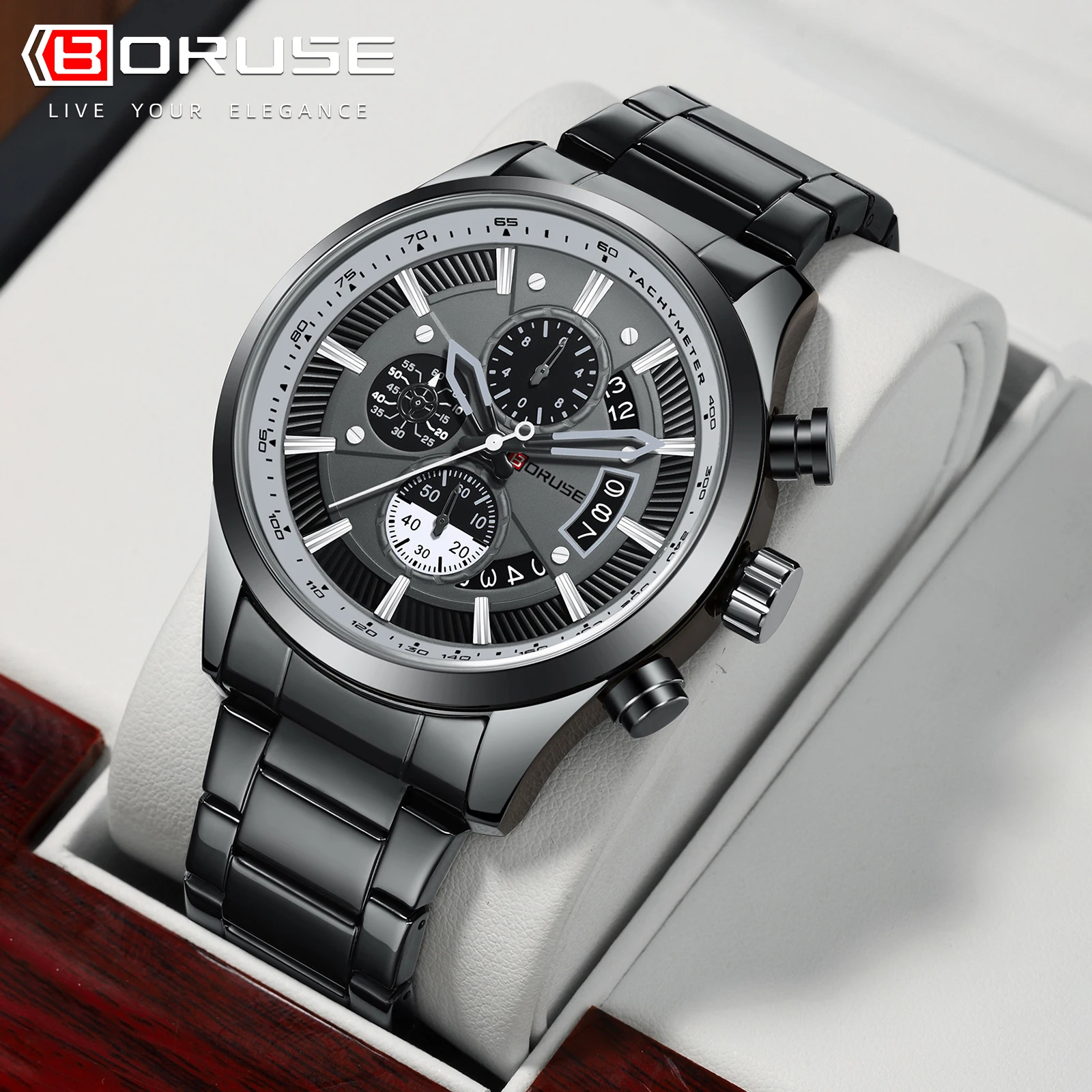 

BORUSE Men Watches Waterproof Chronos Black Stainless Steel Band Luxury High Quality Fashion Brand Wristwatches Business Sport