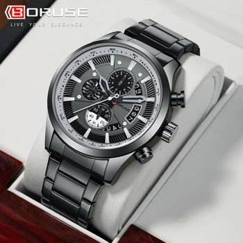 BORUSE men watches waterproof Chronos black stainless steel band luxury high quality fashion brand wristwatch business sports