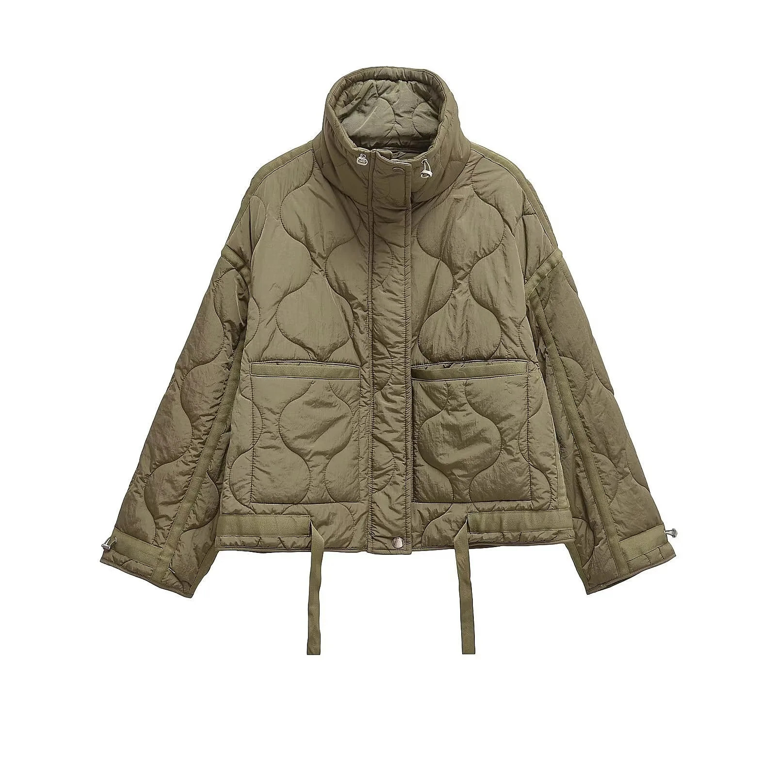 Women's Loose Stand Collar Water Ripple Coat with Drawstring Cuffs, Oversized Outerwear Jackets