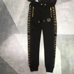 Sweatpants Men side gold lettering hot drilling fashion pure cotton high street hip-hop spring and autumn pantalones hombre ins