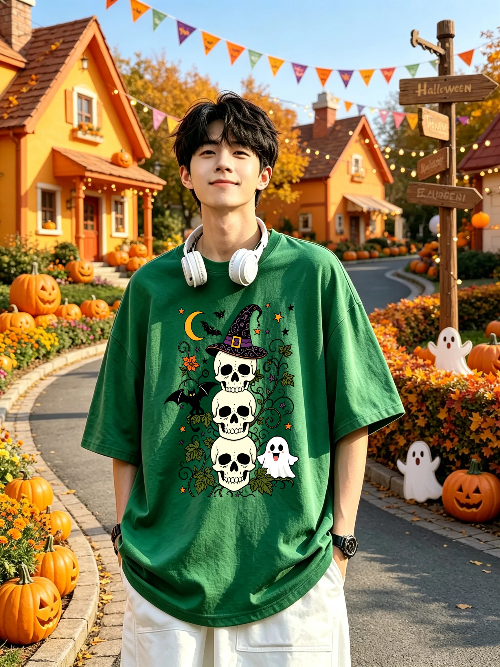 Stacked Skulls Halloween Pattern Men Soft Youth T Shirt Summer Casual Tops Cotton Loose T-Shirt Hip Hop All-Match Short Sleeve
