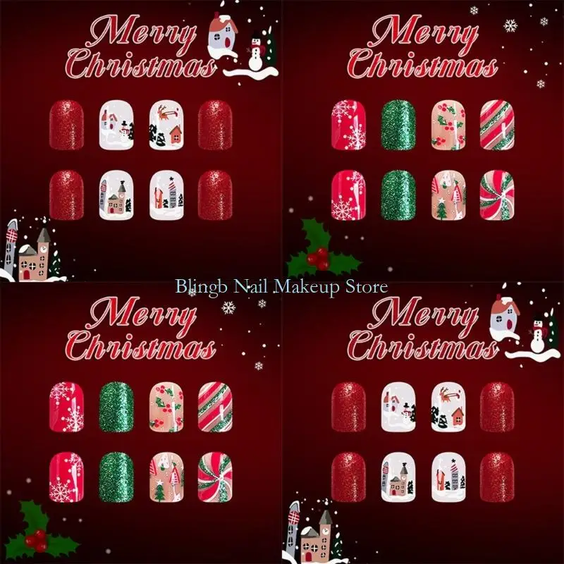 28TA Holiday Press On Glitters French Tip Square False 48Pieces/ Set Christmas Party Red Green Winter Design