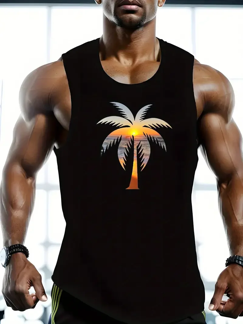 

Coconut Tree Print Round Neck Vest Men's Fitness Sports Sleeveless T Shirt Street Casual Breathable Sleeveless Shirt