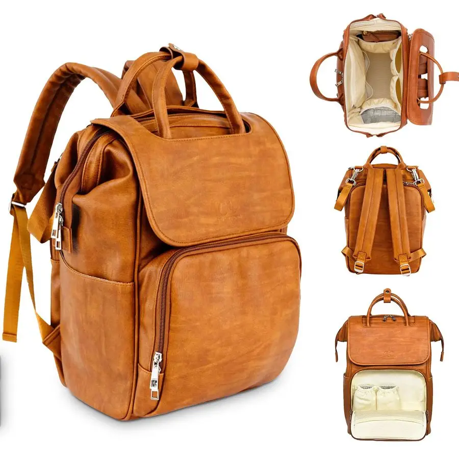 

Collective Explorer Brown Diaper Bag Backpack Vegan Leather Diaper Bag with Shoulder Strap, Insulated Bottle Pockets, Changing P