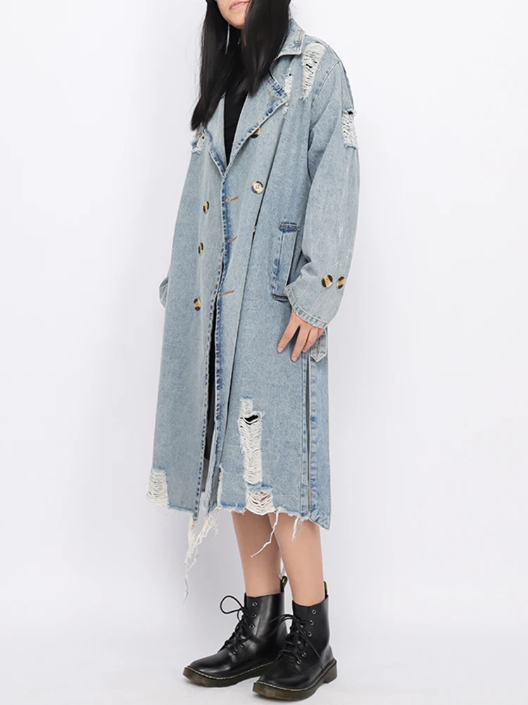 TWOTWINSTYLE Hole Hollow Out Denim Trench Coat For Women Lapel Long Sleeve Double Breasted Solid Coats Female Clothing 2022 New