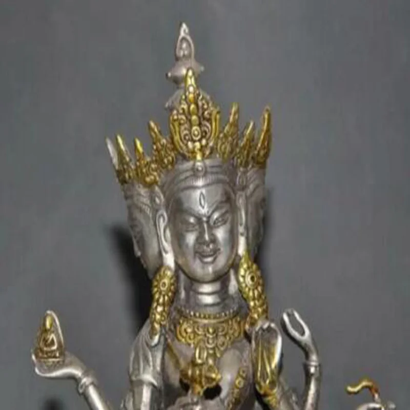 8-Inch Tibetan Silver Gold-Plated 3-Head 8-Arm Namgyalma Ushnishavijaya Buddha Statue