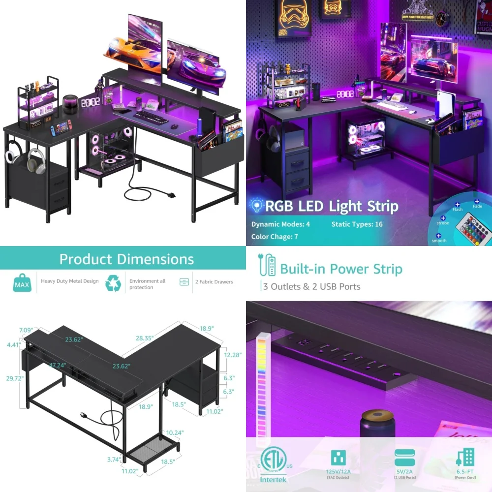 Scrivania per computer Scrivania da gioco a forma di L con luci a LED e prese di corrente integrate Design ad angolo da 48 pollici per ufficio domestico e giocatori