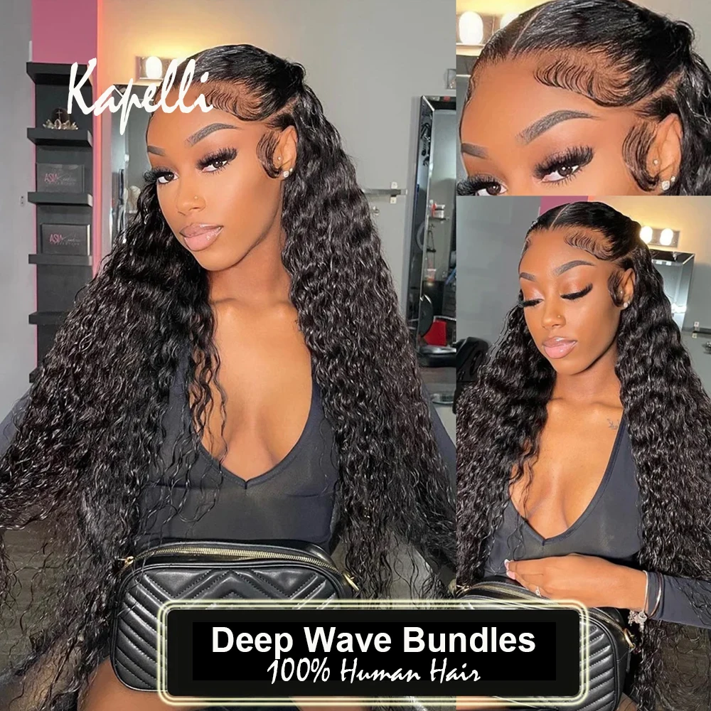 12A Deep Wave Human Hair Bundles with Closure 4X4/13X4 Curly Hair Bundles Raw Human Virgin Hair Weave Bundle Hair Extnstions