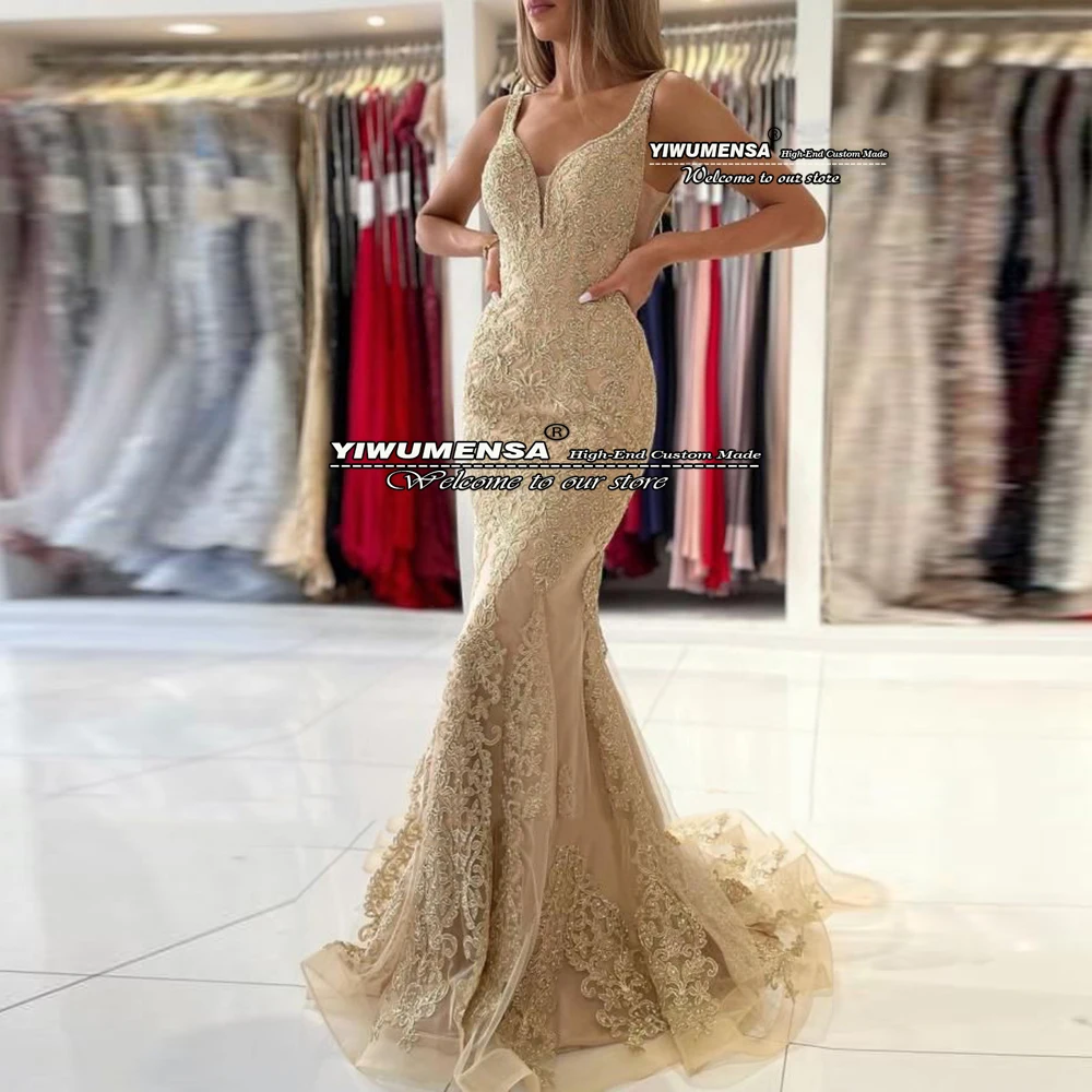 Robe de bal de forme sirène, style champagne, grande taille, bretelles Spaghetti, sans manches, dos nu, Robe de soirée formelle, Robe de Cocktail pour femmes