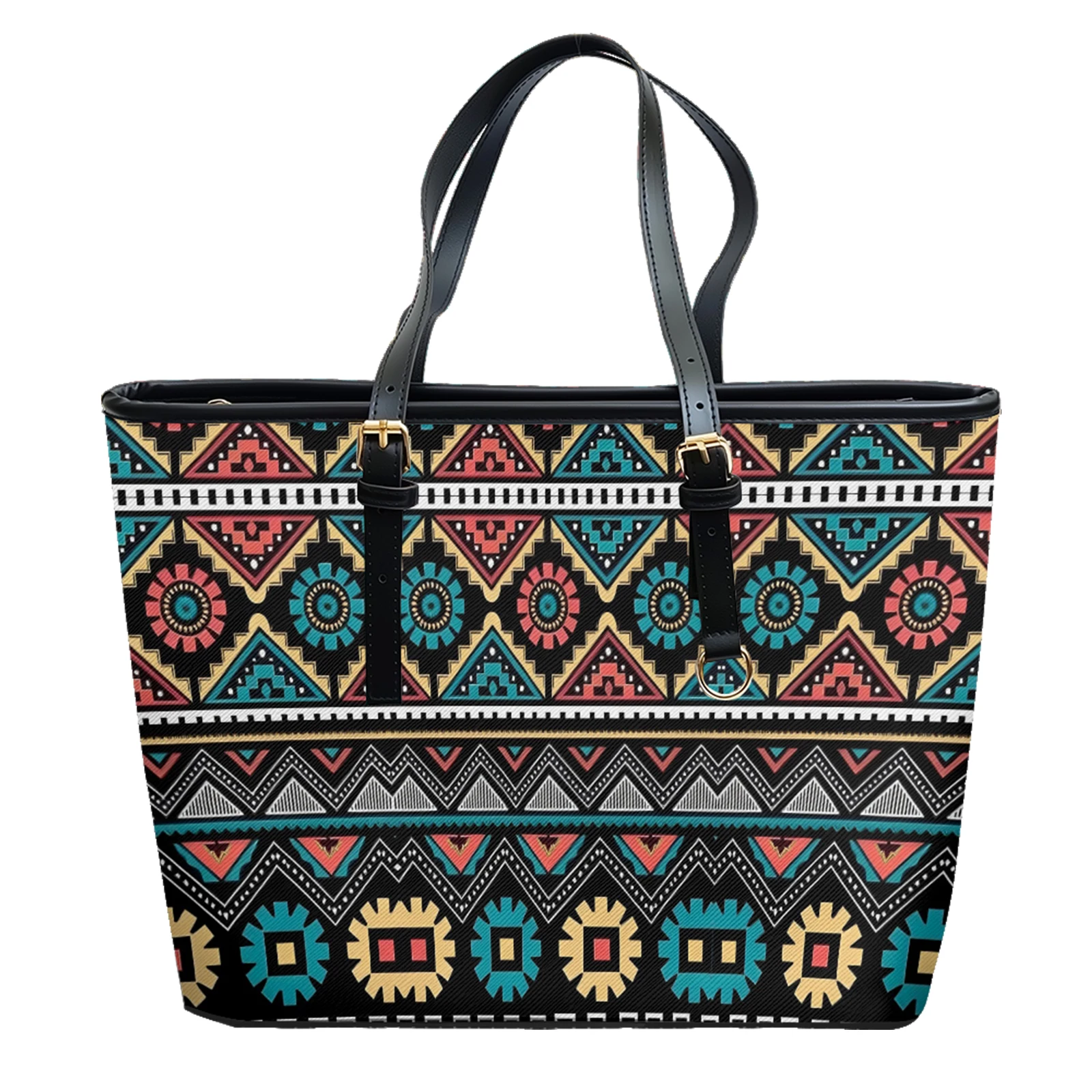 Retro Aztec Printed Oxford PVC Leather Shoulder Bag Zipper Lightweight Tote Minimalist Daily Use Convertible Work Weekend Purse
