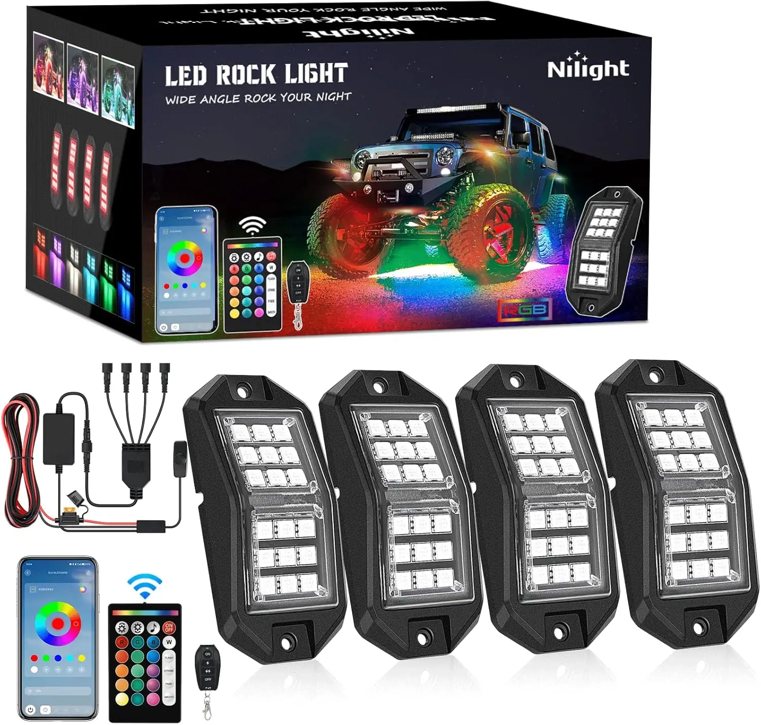 

RGB LED Rock Lights Kit with Remote & Bluetooth App Control, Multi Modes for ATV UTV SUV Offroad Truck Boat