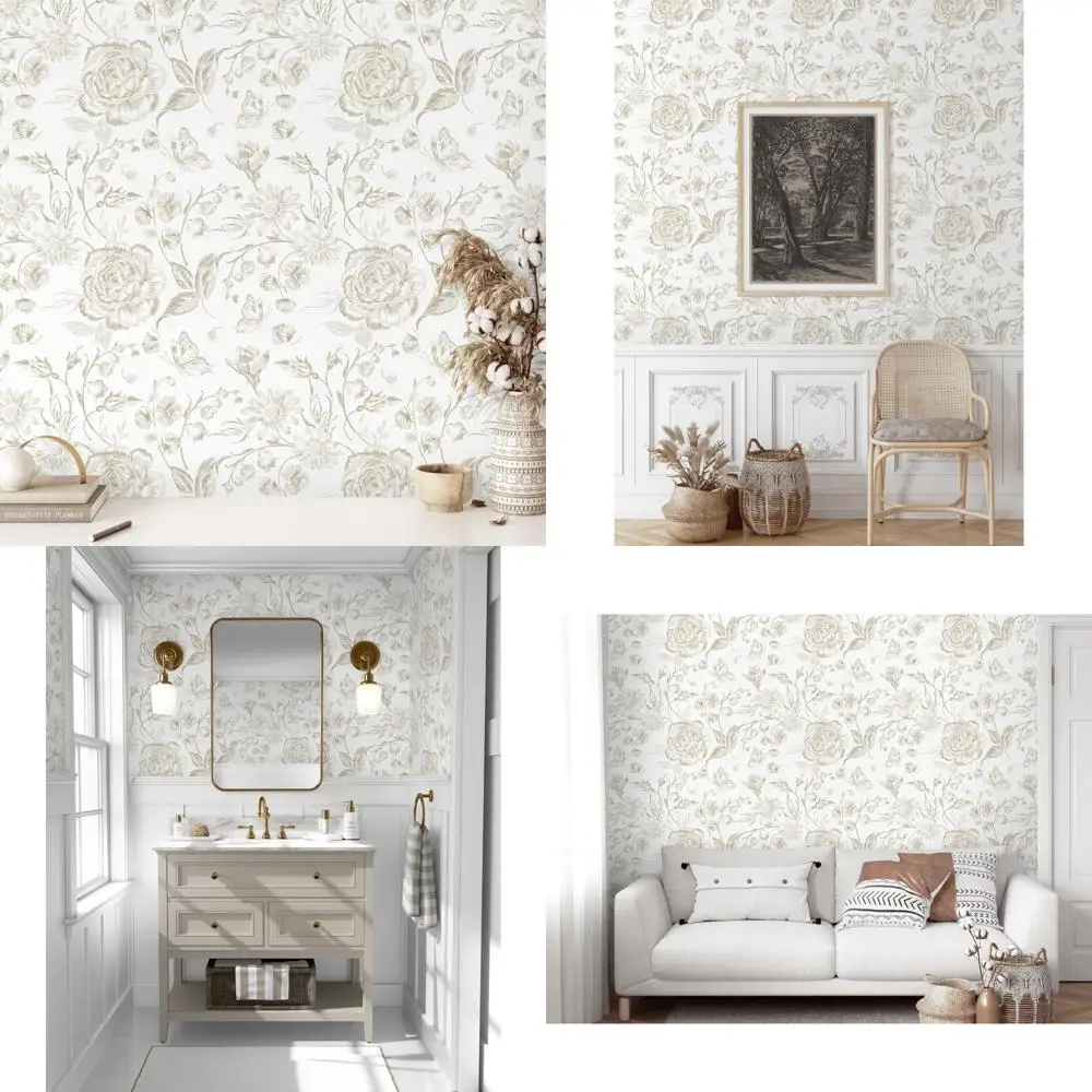 ورق جدران قابل للتقشير واللصق، ورق حائط مزين بالزهور، ورق اتصال مطرز بوهو لغرفة النوم، ورق حائط للحمام، بيج وأبيض قابل للإزالة S