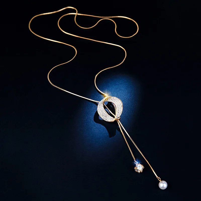 Fashion Long Chain Sweater Necklaces & Pendants for Women Zircon Round Circle Pendant Necklace Female Jewelry