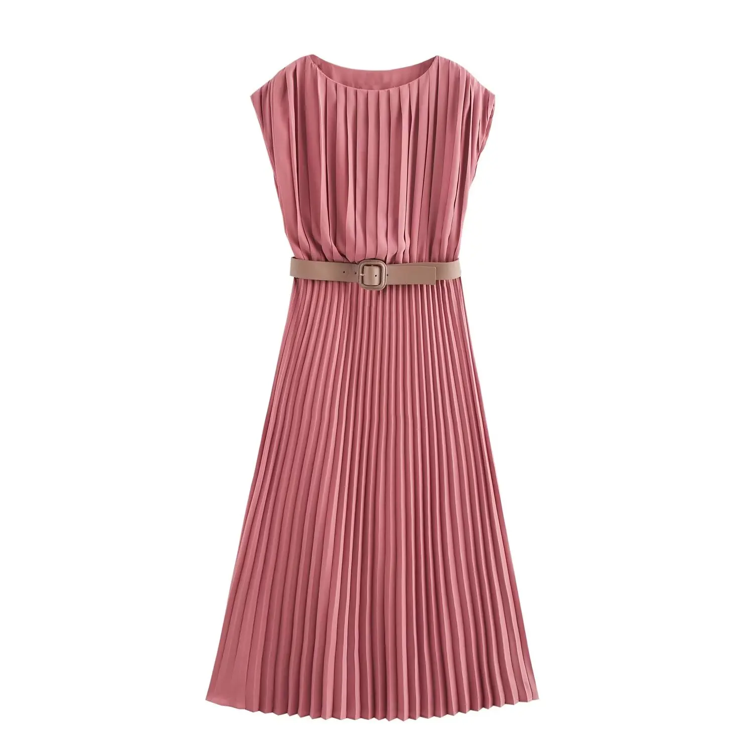 

HH TRAF Fashion Woman Loose Beach Pleated Dress Elegant Women's Solid Color Sleeveless O-Neck Belt Folds Decorate Midi Dress