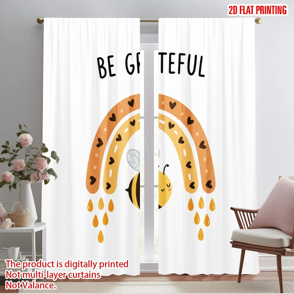 

2pcs 2D flat printing Window Treatment Curtains Bee Rainbow Grateful Quote 100% Polyester Without Electricity Family Party for