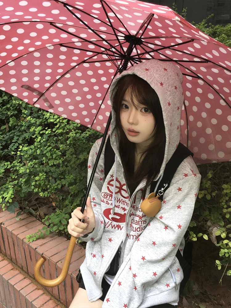 Suda con Capucha Bordada con Estampado de  Americana Retro, Cárdigan Hoado con Cremallera para Mujer, Prenda Ex...