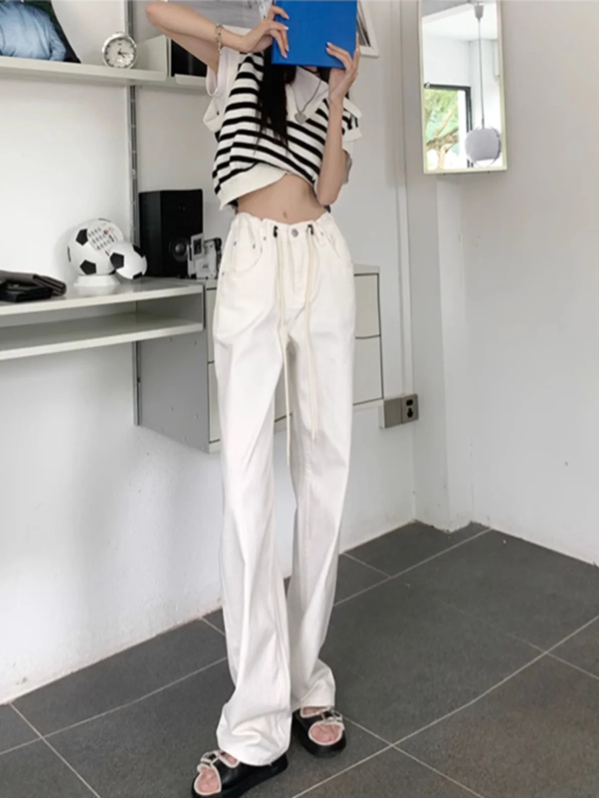 

White Wide Leg Jeans Women's Summer Workwear Drapey Slim Elastic Waist Drawstring Straight Floor-Length Pants