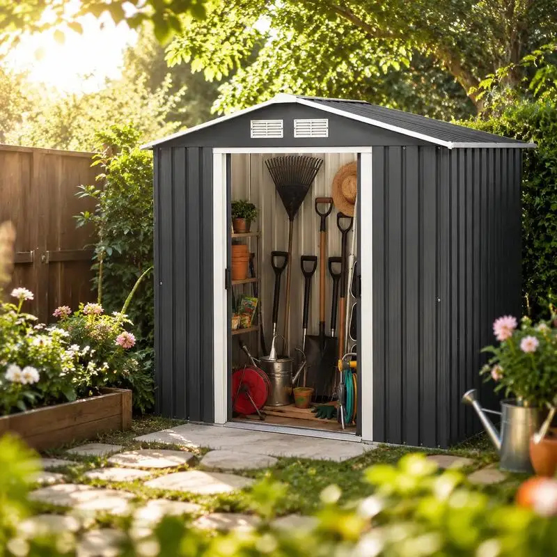 Abri de jardin en acier galvanisé avec portes coulissantes et fenêtres de ventilation, rangement pour outils, vélos et accessoires extérieurs, structure robuste pour jardin, terrasse, maison moderne 213,36 cm × 121,92 cm