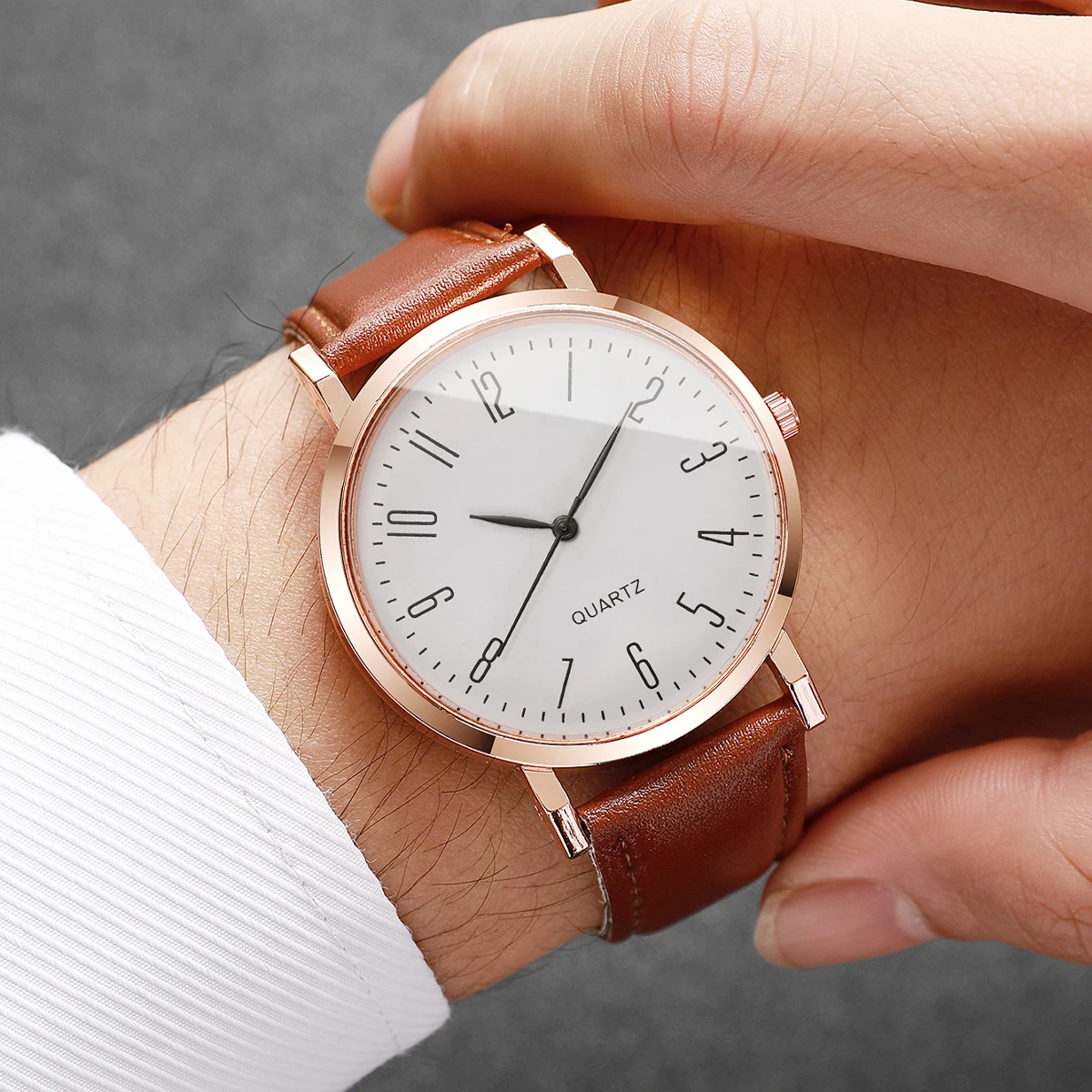 Fashion Arabic Dial Men Business Watches Casual Leather Strap Quartz Wristwatch Clock Gift Relogio Masculino (Without Box)