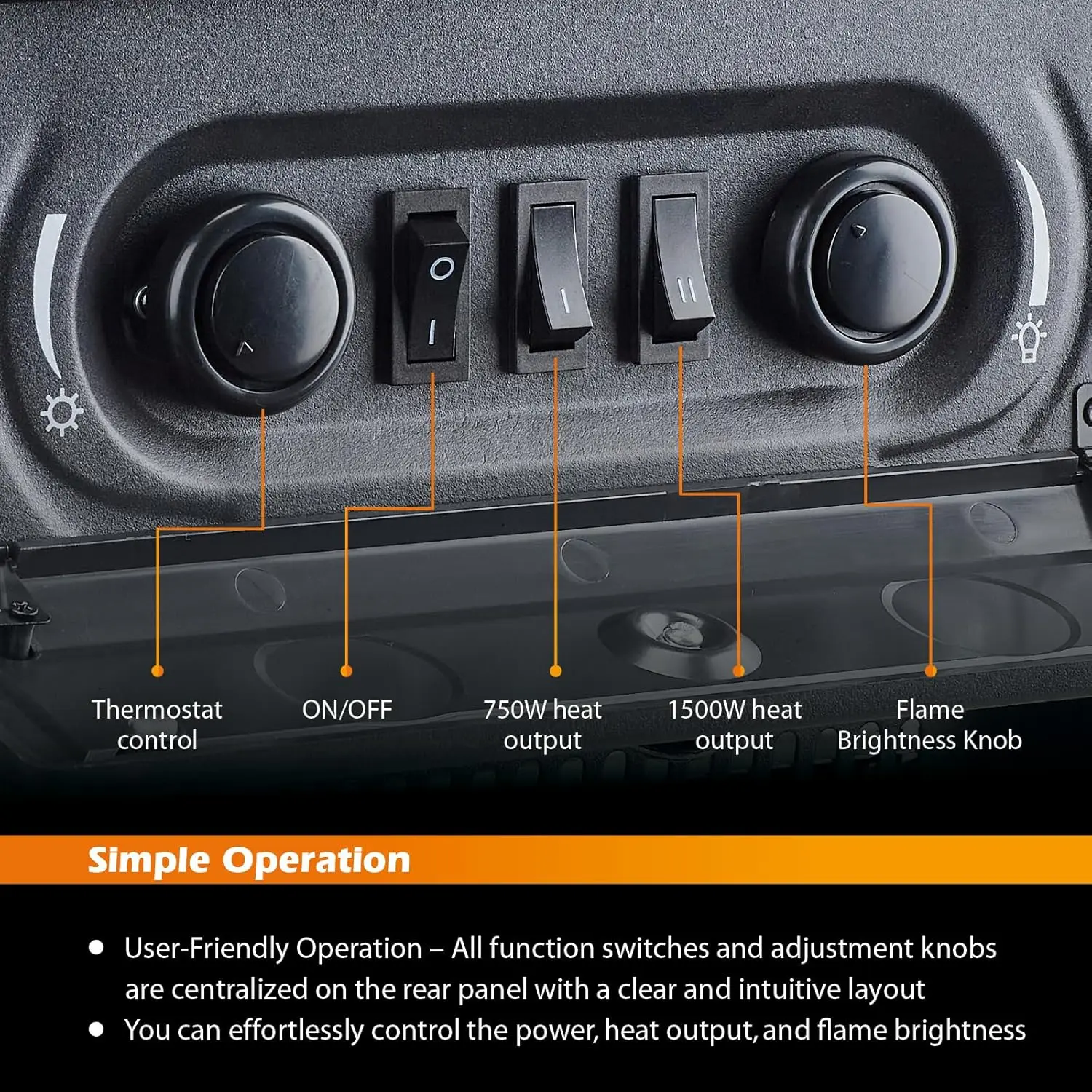 Fogão elétrico autônomo, 1500W com chama LED 3D realista, brilho e termostato ajustáveis, 2 configurações de calor, O