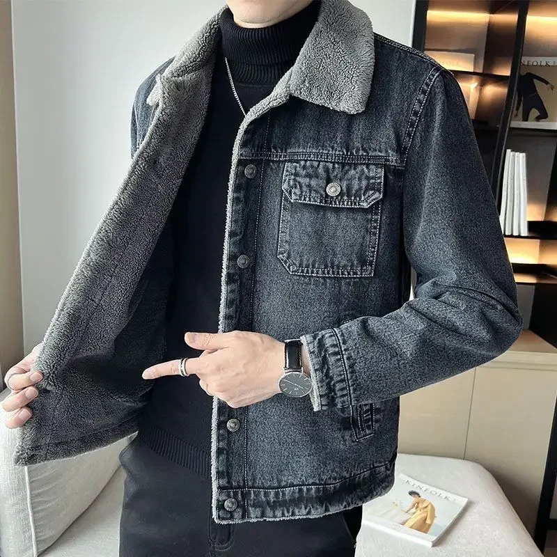 Cowboy Coat for Men Plus Size Padded Warm Sherpa Winter 2024 Denim Jackets Man Gray Joker Low Price Worn of Fabric Casual Trendy