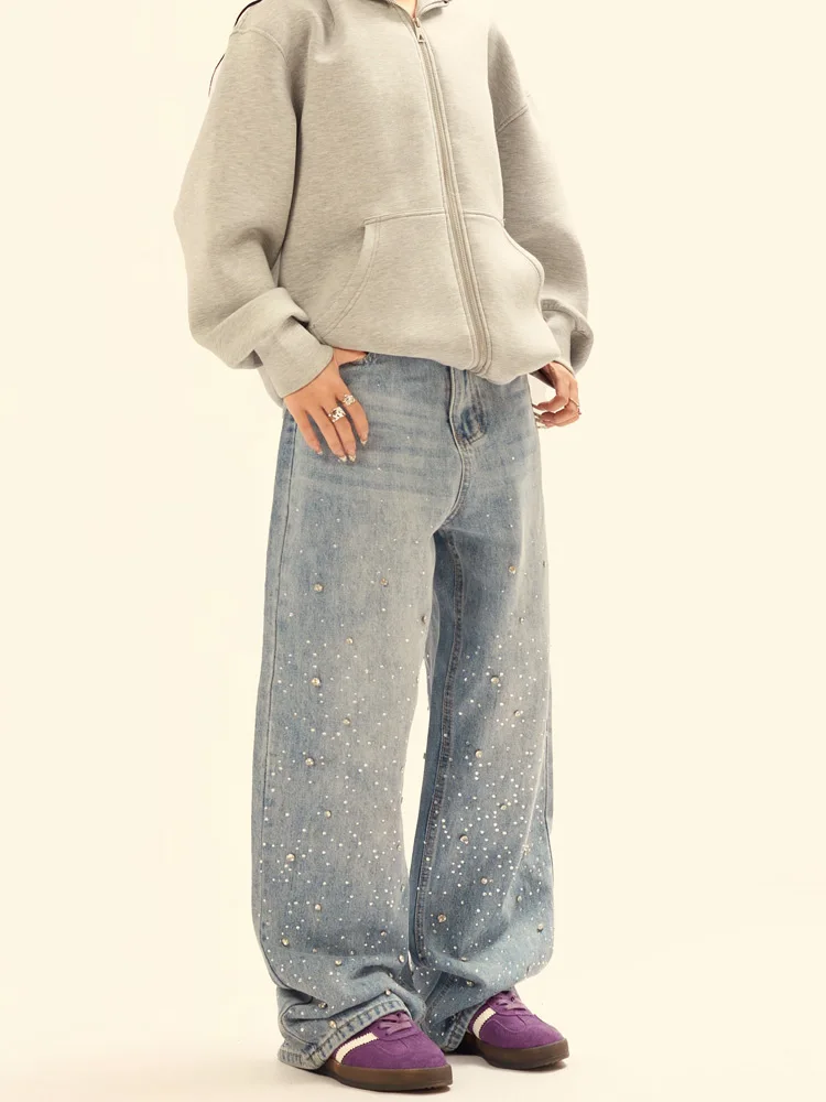 American Style Retro Men Women The Same Four Seasons Trousers Trendy Jeans Rhinestones Loose Straight Wide-Leg Denim Long Pants