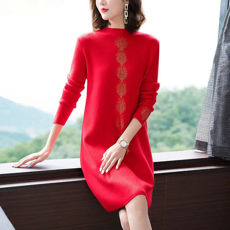 Осень-зима, женский пуловер с высоким воротником и длинными рукавами, повседневный элегантный свитер со стразами и геометрическим рисунком, вязаное платье