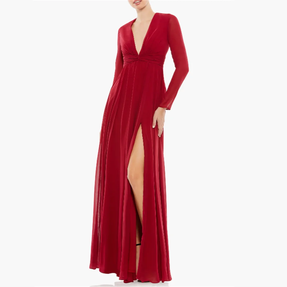 

Elegant Evening Dress V Neck Long Sleeve A Line Draped Prom Dresses Side Split Formal Party Gowns For Wedding Guest Customized