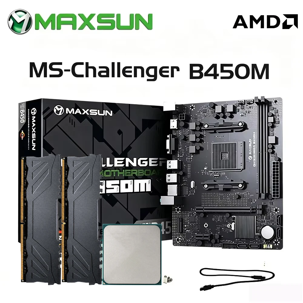 Maxsun B450 Motherboard + AMD R5 5600 CPU + 32GB DDR4 3200MHz Memory Combo, Gaming Kit with 2×M.2 NVME & SATA 3.0 Interface