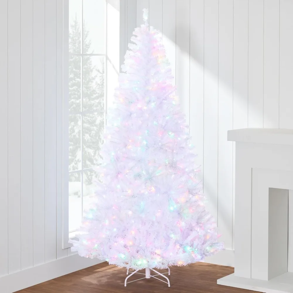 White Christmas Tree 9ft Pre-Lit Artificial Pine Tree Premium Holiday Decoration w/ 2-in-1 Multicolored Lights, Metal Stand