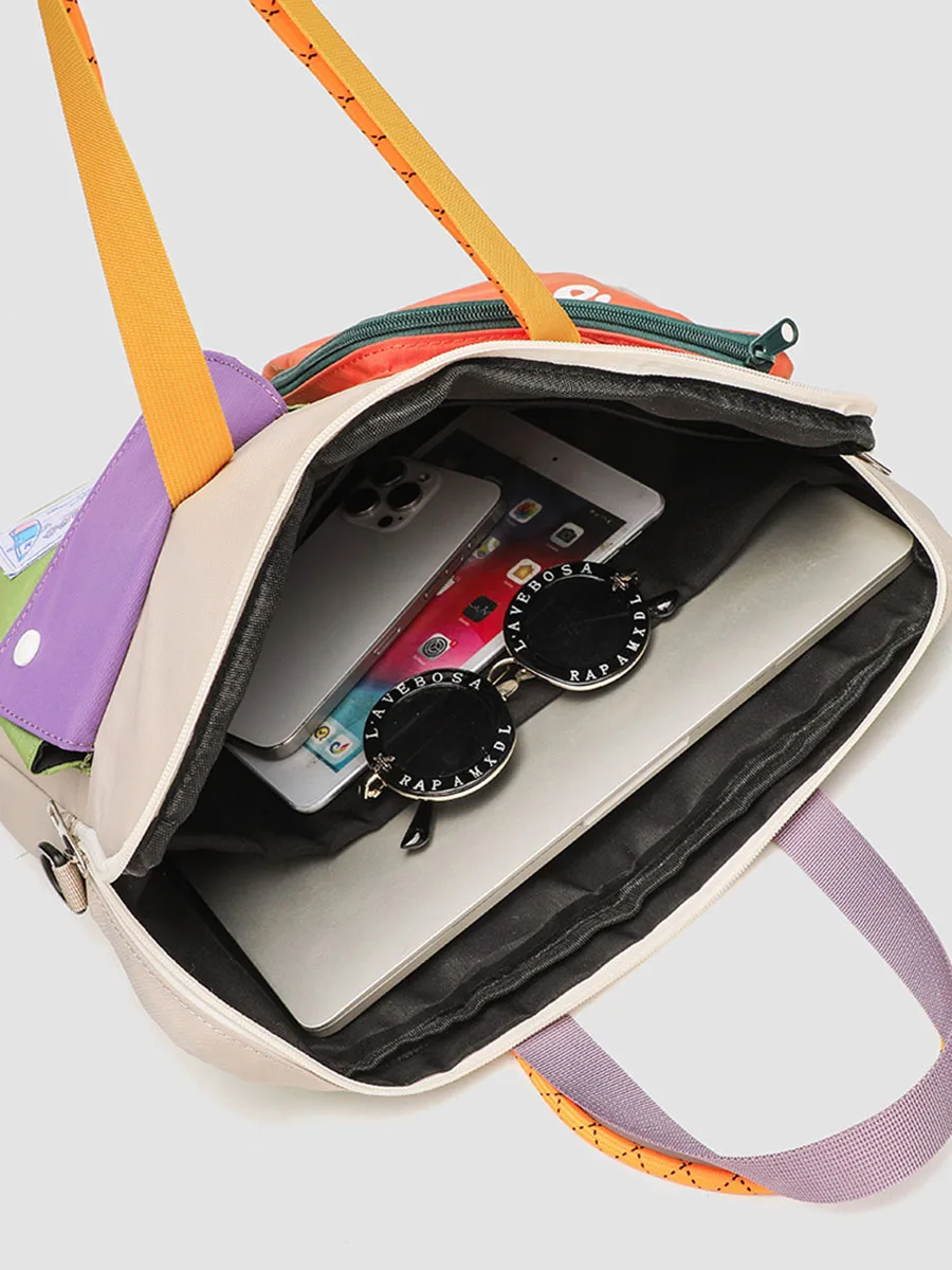 Borsa per computer con motivo cartoon a blocchi di colore di nicchia da donna, borsa portatile monospalla, borsa per pendolarismo quotidiano in stile universitario