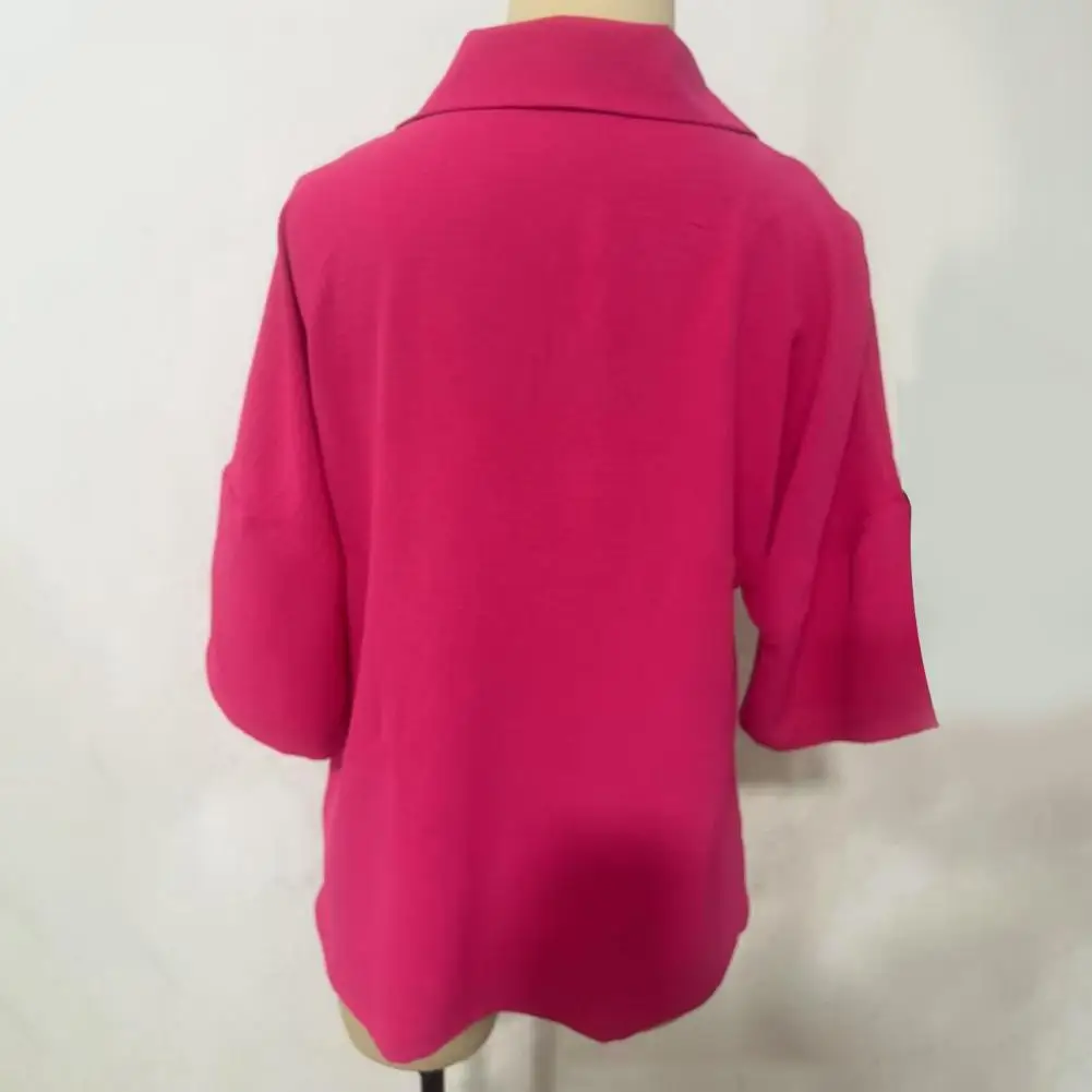 Solid Color Five-quarter Sleeve Shirt Retro Style Women's Loose Fit Lapel Shirt with Half Sleeves in Solid Color for Daily