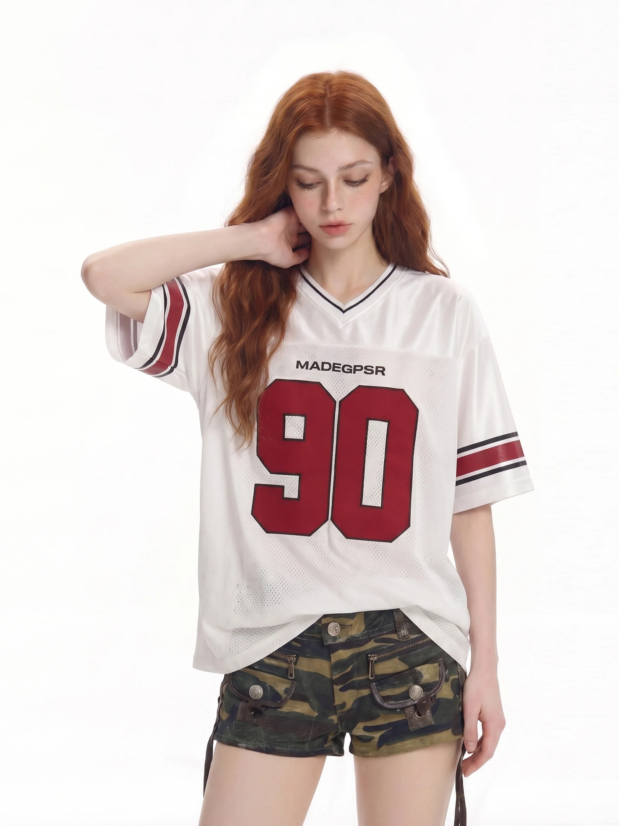 

American Style Sporty Rugby Shirt Women's Loose V-Neck T-Shirt 90 Number Beer Captain Blokecore Summer Citywalk Casual Top