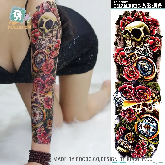 Rocooart-tatuaje de manga de brazo grande para hombres, Calaveras, Ángel, rosa, flor completa, arte corporal, tatuaje de niña, pegatina de tatuaje temporal impermeable