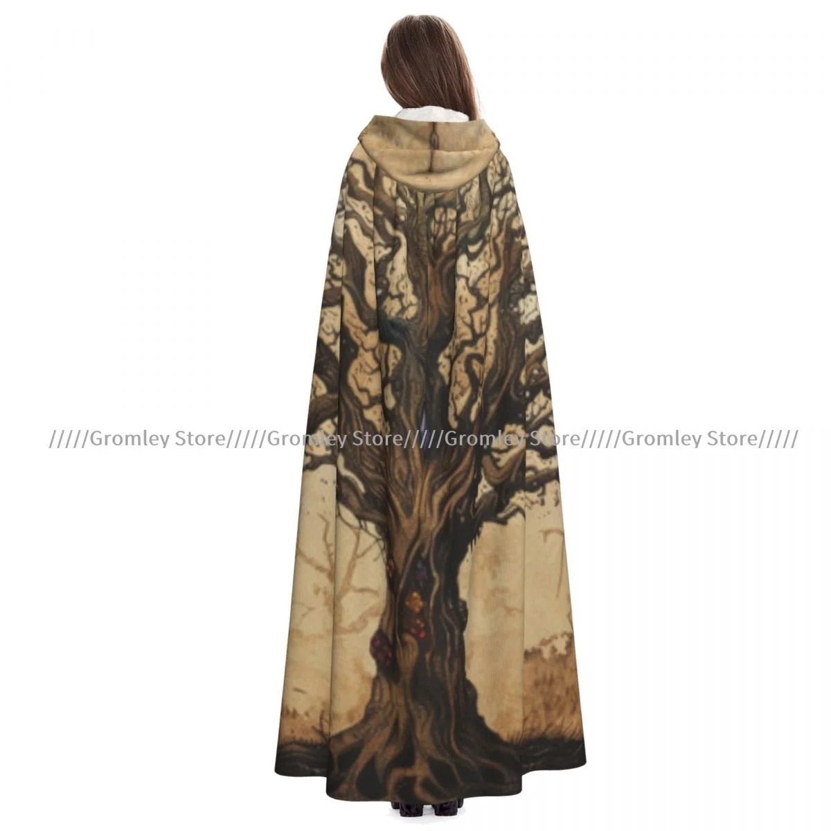 Magic Tree With Stars And Planets Old Paper Background Witch Cloak Hooded Cosplay Costume Halloween Adult Long Party Cape