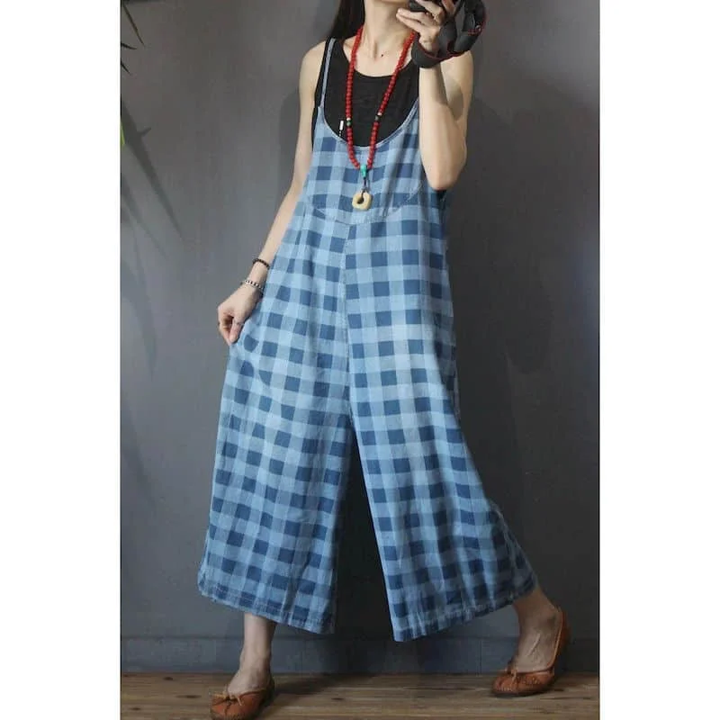 Plaid Jumpsuits for Women Summer Denim Wide Leg Pants Vintage One Piece Outfit Women Clothing Safari Style Loose Casual Rompers