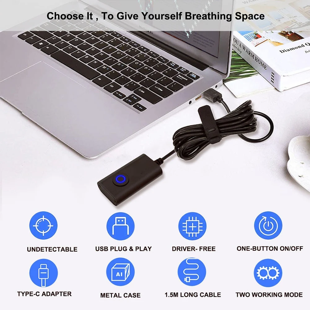 A07I 2 in 1 Mouse Wiggler Shaker USB Type-C Mouse Jiggler with on/OFF Switch Drive Free Automatic Mouse Shaker