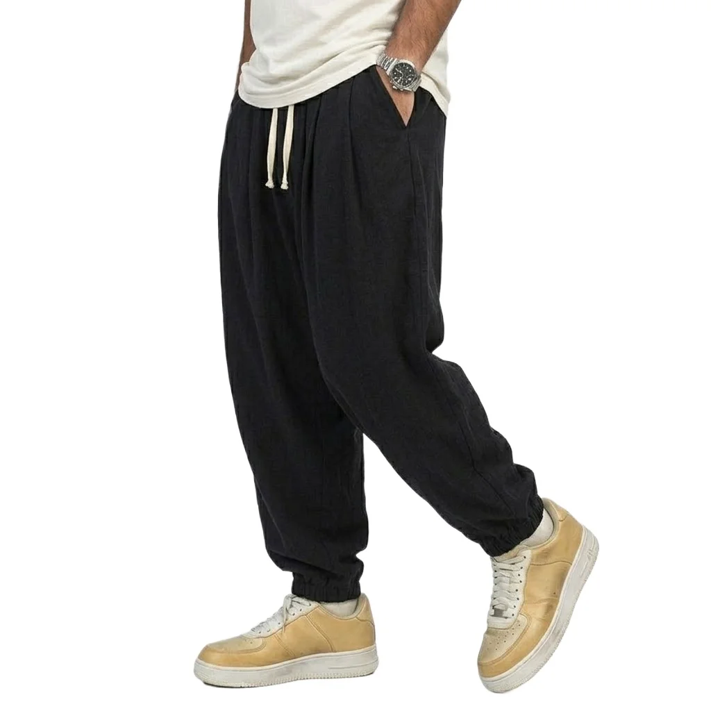 New Cotton Linen Pants Men's Trousers Gym Man Work Casual Pants Solid Breathable Loose Harem Pants Drawstring Streetwear Man