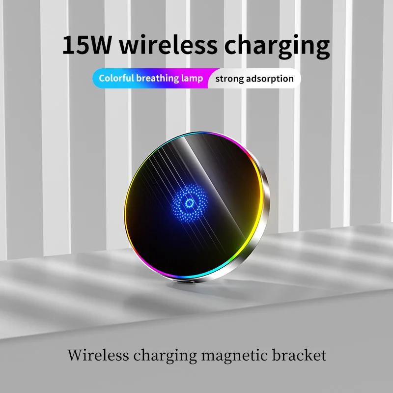 

15W Magnetic Wireless Car Charger – RGB Breathing Light, Strong Suction, 360° Rot, Low Temp for iPhone & Android