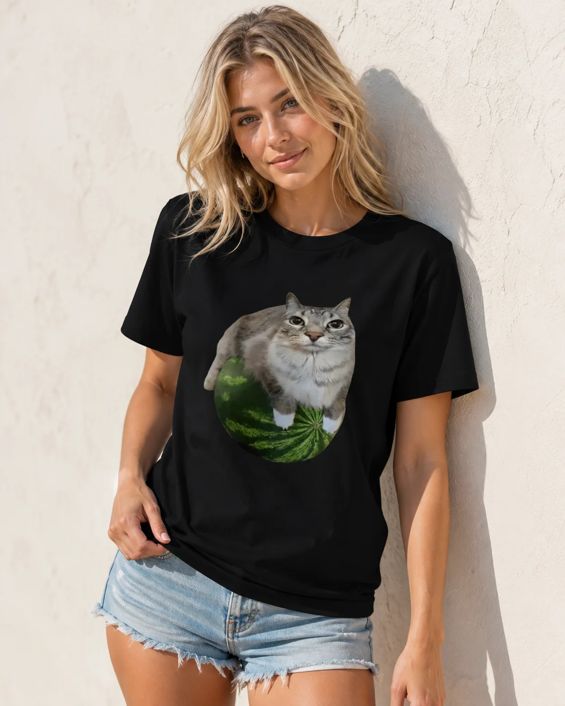 Women's Clothing Watermelon and Cat Printed T-shirts Interesting Watermelon Printed Short Sleeved Fashionable Unisex T-shirts