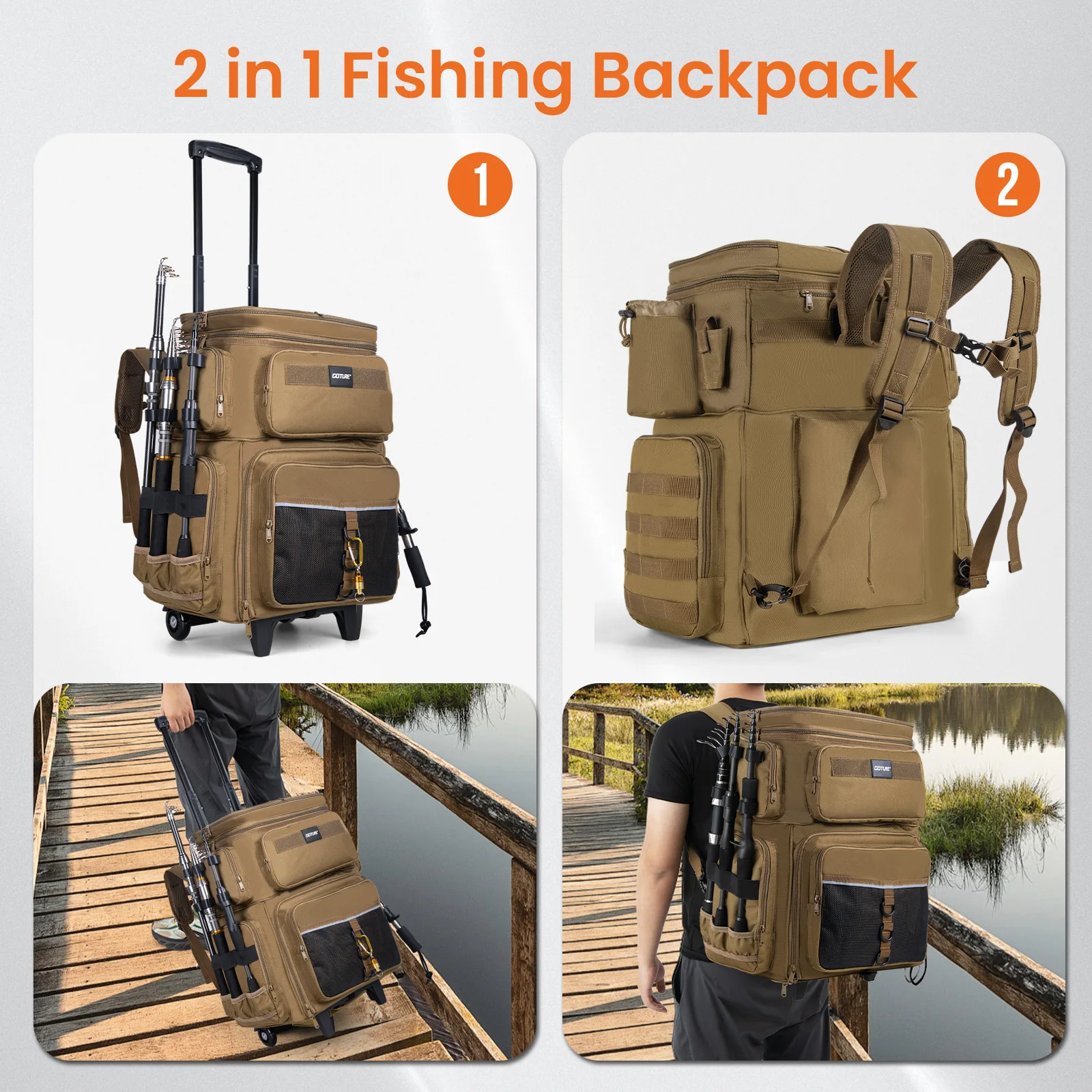 Waterproof Fishing Bag Rolling Travel Backpack with Cooler for Climbing Camping Trekking Gear Bag with 66L Large Capacity