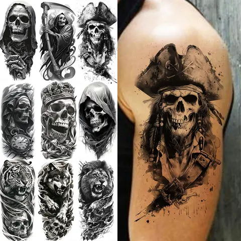 1 Sheet Scary Grim Reaper Skull Temporary Tattoos Halloween Tatoos Long Lasting Waterproof Tiger Wolf Beast Fake Tattoo Stickers