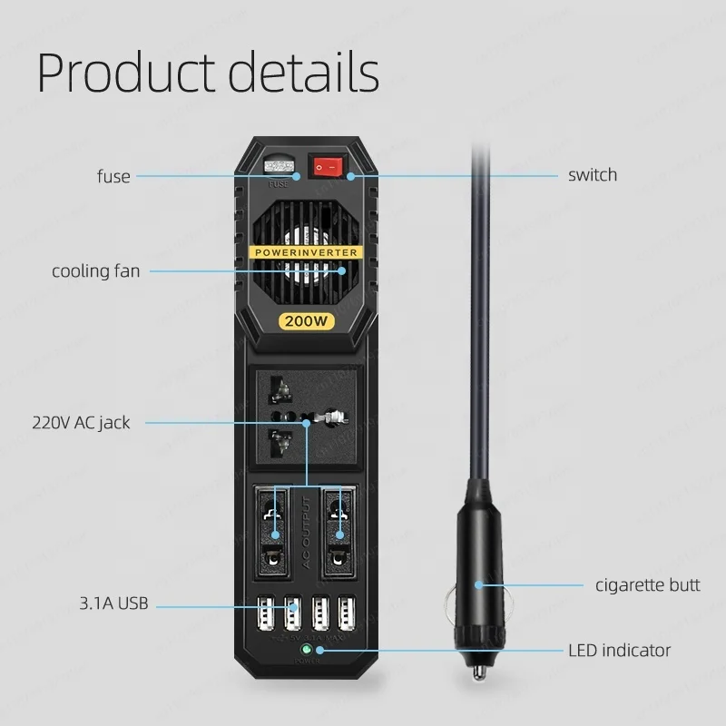 200W/400W Peak Power Inverter DC 12V/24V to AC 220V-240V 50Hz, Modified Sine Wave with USB & Protections