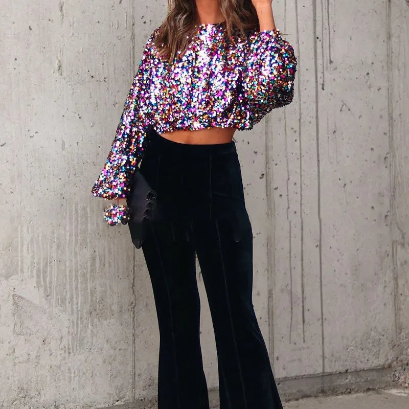 

Осенние повседневные блестящие футболки с пайетками 2026 года, женские модные пуловеры с длинными рукавами-фонариками, элегантные офисные топы с круглым вырезом